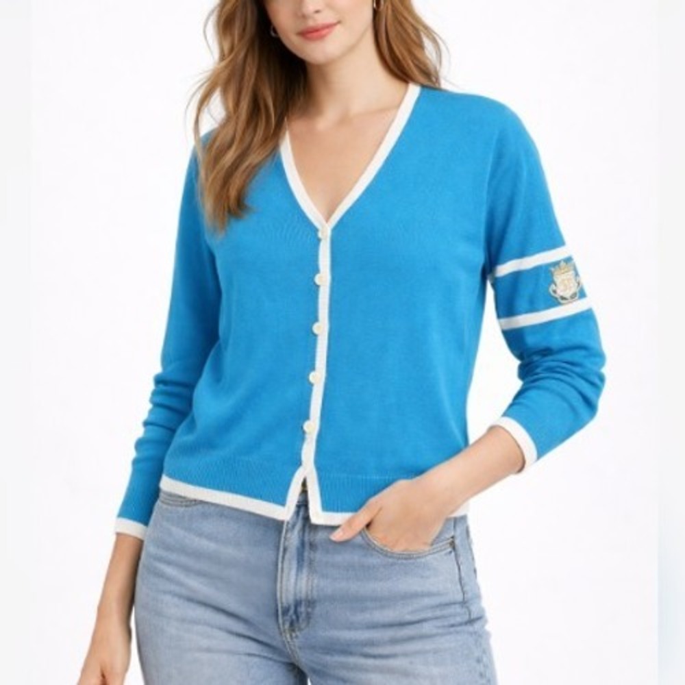 Vintage St John Sport by‎ Marie Gray Small Blue Knit Cardigan Sweater Crest Logo